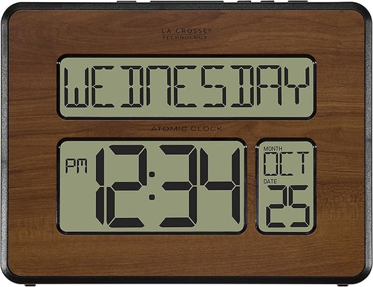 La Crosse Technology 513-1419-WA-INT Atomic Large Full Digital Calendar Clock, Walnut, 9.84"L x 1.14"W x 7.48"H