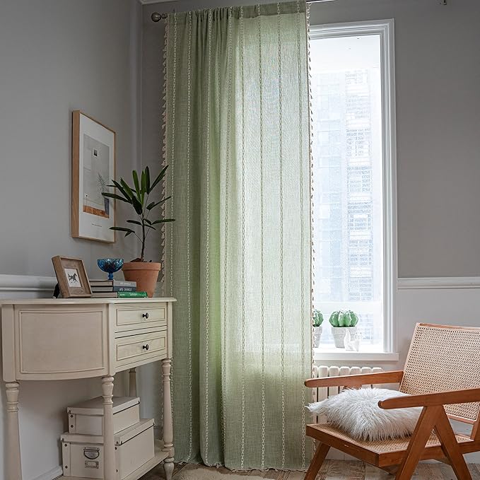 Sutuo Home Sage Green Boho Curtains for Bedroom Living Room, Semi Blackout Chic Farmhouse Country Tassels Window Treatment Bohemian Embroidery Drape for Christmas, Rod Pocket 1 Panel 52" W x 90" L