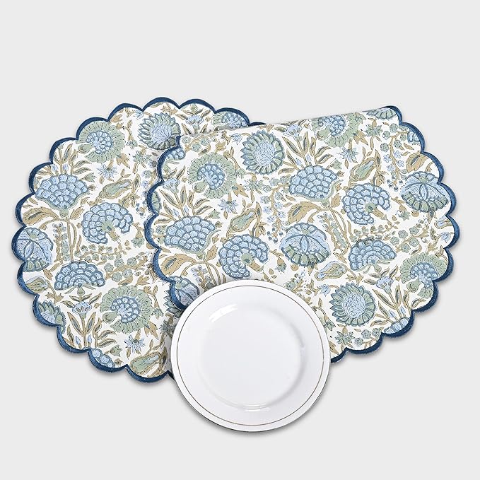 Ridhi Bo-ho Round Place Mat Easter Floral Cotton Washable Placemats 15" Round Embroidery Block Print Table Mat (Pack of 4-15 Inch Round, Asparagus Green)