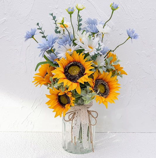 Faux Flowers with Vase, Artificial Silk Sunflower in Vase Centerpiece Coffee Table Decor, Fake Plant Daisy Flower Arrangement for Fall Decorations Indoor Home Office Living Room Farmhouse