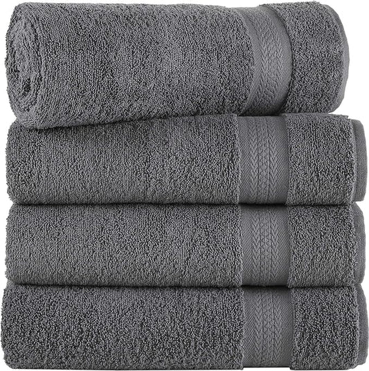 REGAL RUBY 4 Pack Grey Bath Towels Quick-Dry High Absorbent 100% Turkish Cotton Towel for Bathroom, Guests, Pool, Gym, Camp, Travel, College Dorm, Shower