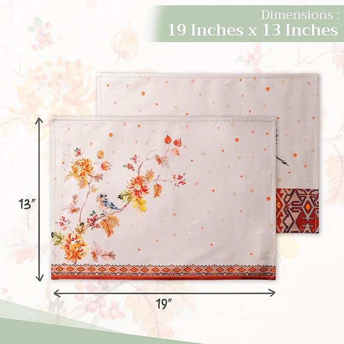 Maison d' Hermine Placemats Set of 4 100% Cotton Washable Cloth Place Mats, Reusable Table Mats for Kitchen Dining Decoration, Party, Wedding, Restaurant (Kelim - Prairie, 13" x 19")
