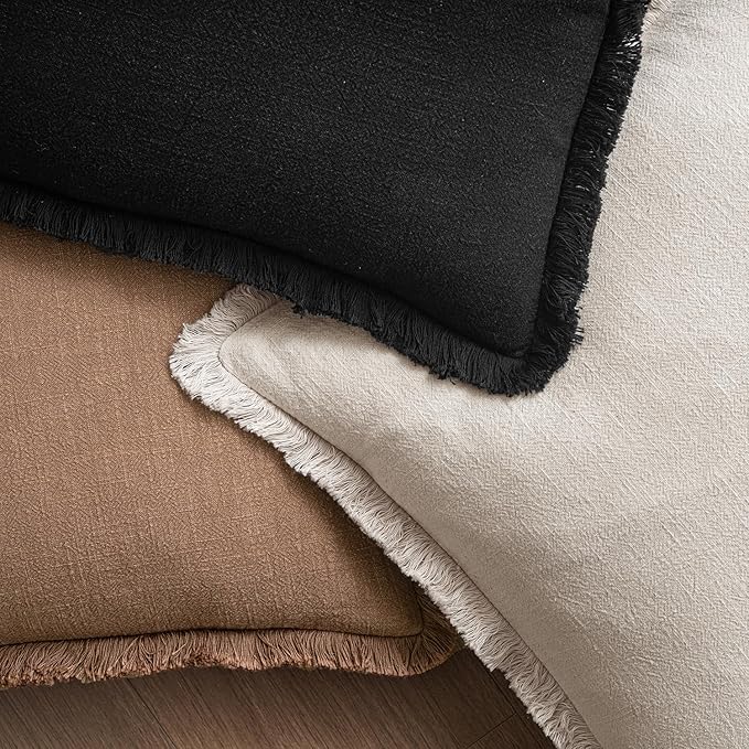 MIULEE Decorative Lumbar Throw Pillow Covers Neutral Linen Fringe Throw Pillows Set of 2 Natural Beige Boho Farmhouse Cushion Covers for Couch Sofa Bed Living Room Spring Home Decor 12x20 Inch