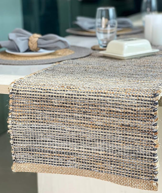 Chardin home Natural Jute Table Runner 13x108 Inch – Vintage Boho Rustic Table Decor – Handwoven Jute Table Runner in Natural and Grey – Farmhouse Dining or Console Table Accent