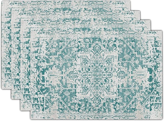 Gray Teal Boho Placemats Set of 4 Ethnic Bohemian Carpet Place Mats Washable Kitchen Dining Vintage Grey Geography Floral Linen Table Mats Stain Heat-Resistant Cloth Tabel for Home Party 12x18 in
