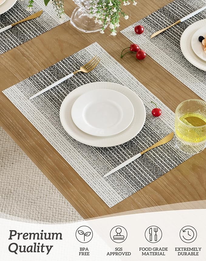 Leetaltree Black with White Woven Placemats Set of 6 - Heat Resistant Non-Slip Place mats for Dining Table, Washable Durable PVC Vinyl Woven Table Mats(Black with White, 6)