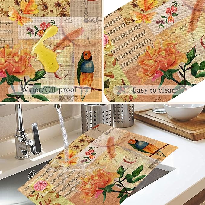 Vintage Roses Placemats Set of 6,Washable Heat Resistant 12×18 Inch Linen Table Mats Summer Flower Place Mats for Party Outdoor Dining Décor