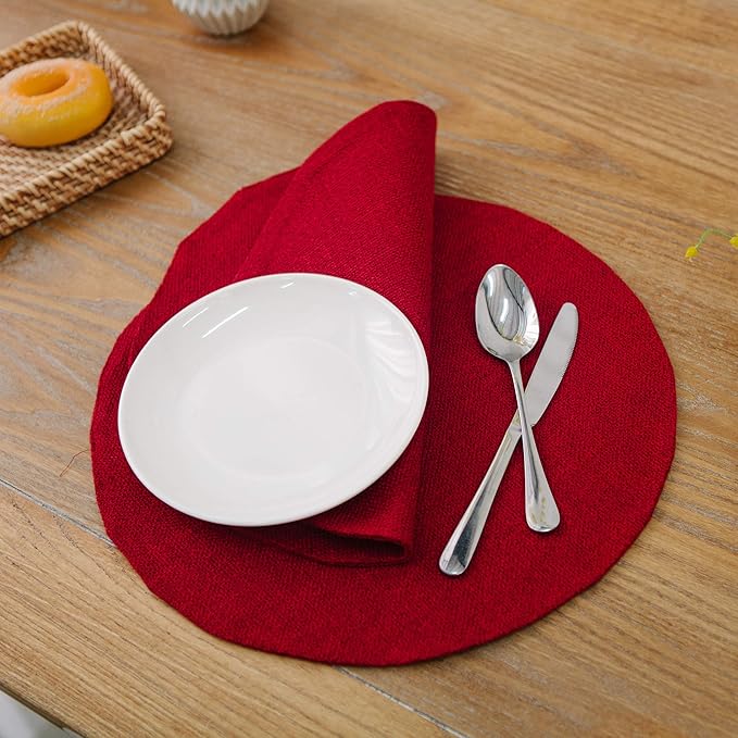 Set of 4 Decorative Round Placemat 15 Inch Soft Linen eco-Friendly Fabric Handcrafted Machine Washable Indoor & Outdoor Tablemat Burgundy
