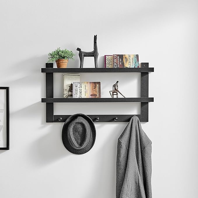 Danya B 2-Tier Ledge Wall Shelf Organizer with Five Hanging Coat or Towel Hooks - Perfect for Entryway or Bathroom (Black)