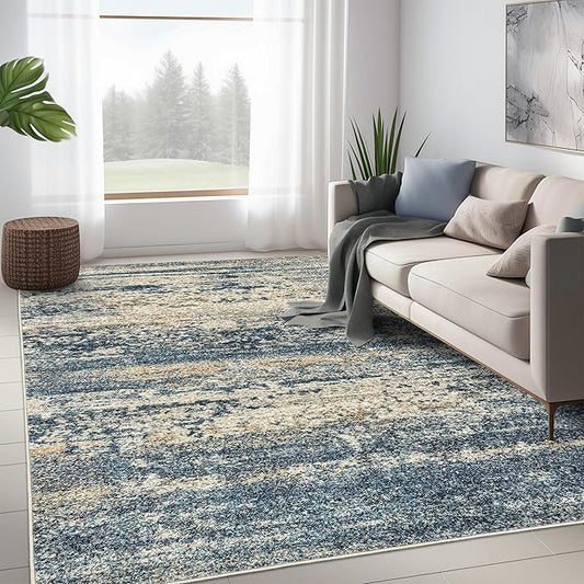 Art&Tuft Washable Rug, Anti-Slip Backing Abstract 8x10 Area Rugs, Stain Resistant Rugs for Living Room, Foldable Machine Washable Area Rug 8x10, Navy
