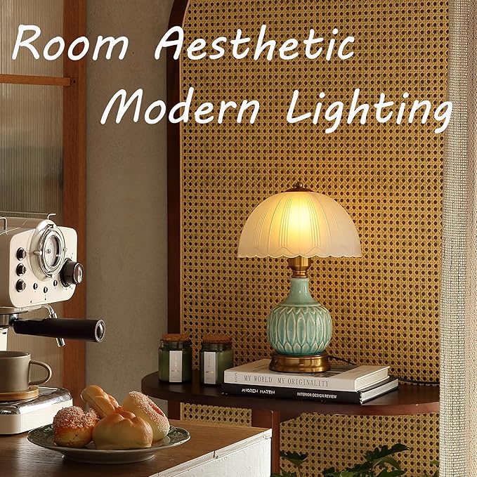 Vintage Lamp for Living Room,16" Modern Ceramic Table Lamps for Bedroom,Retro Bedside Nightstand Traditional Lamps, Classic Chinoiserie Green Lamp for Home Decor (LD002)