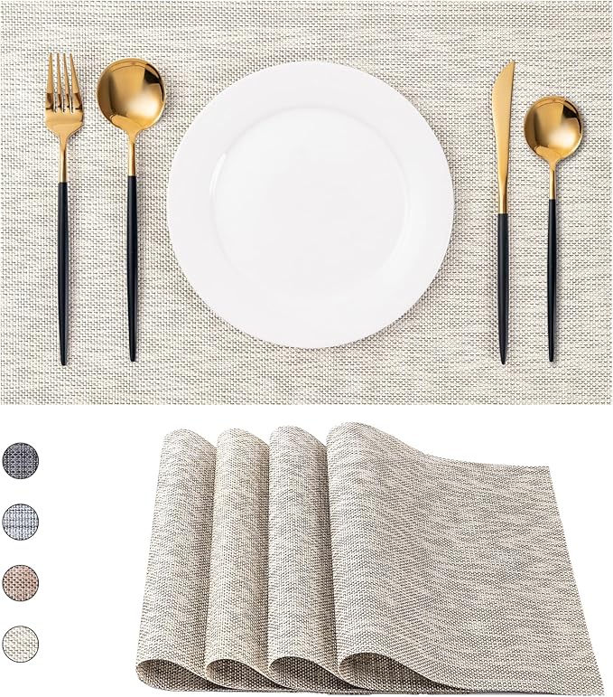 CADONO Placemats Set of 4 Washable Indoor/Outdoor Vinyl Place Mats for Dining Table Durable Non-Slip Heat Resistant PVC Weave Table Mats（Beige）