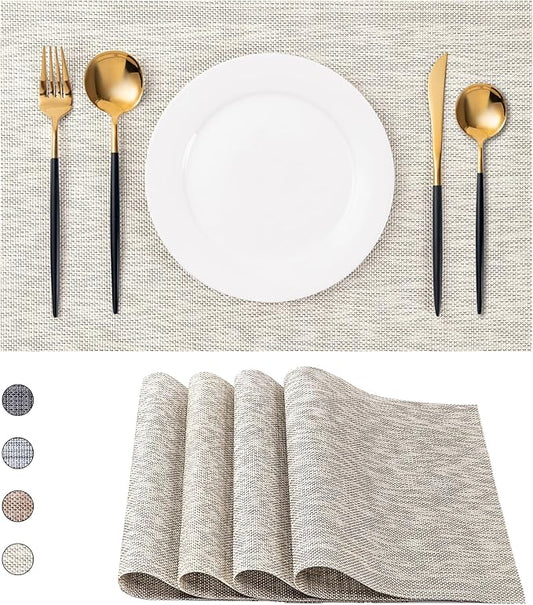 CADONO Placemats Set of 4 Washable Indoor/Outdoor Vinyl Place Mats for Dining Table Durable Non-Slip Heat Resistant PVC Weave Table Mats（Beige）