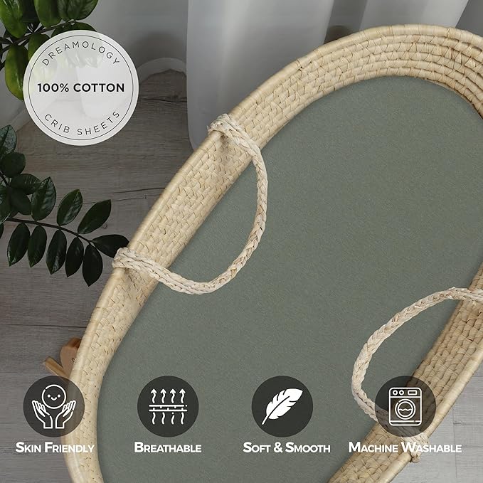 Baby Crib Bassinet Sheet, 100% Cotton Knitted Jersey, Pack n Play Sheet, Fitted Crib Sheets, Super Soft, Durable, Toddler Fitted Sheet, Green & Mustard Grey 17"x32"x4"