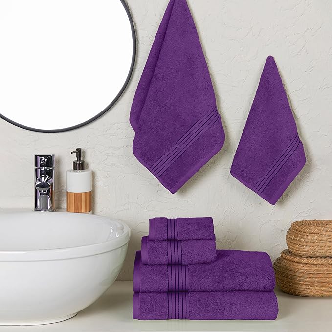 Elegant Comfort Premium Cotton 6-Piece Towel Set, Includes 2 Washcloths, 2 Hand Towels and 2 Bath Towels, 100% Turkish Cotton - Highly Absorbent and Super Soft Towels for Bathroom, Purple
