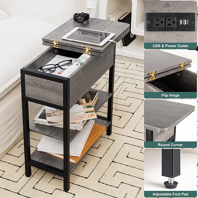 Yoobure End Table with Charging Station, Flip Top Side Table with USB Ports and Outlets, Sofa Couch Table Bedside Table for Living Room Bedroom, Narrow Nightstand with Storage Shelves for Small Space