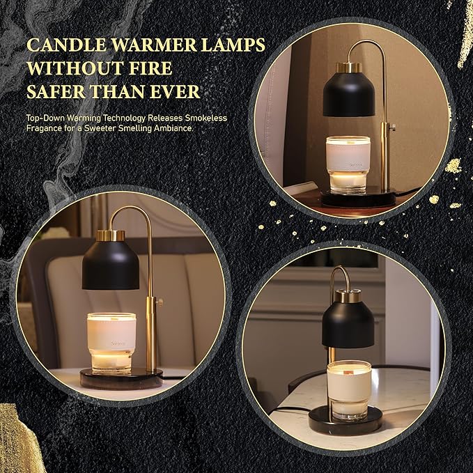 Candle Warmer Lamp, with 2 Bulbs,Timer & Dimmer,Compatible with Large Yankee Candle Jars,3 Wick Candles,Height Adjustable Electric Top Melter,110-120v, (Black Marble)
