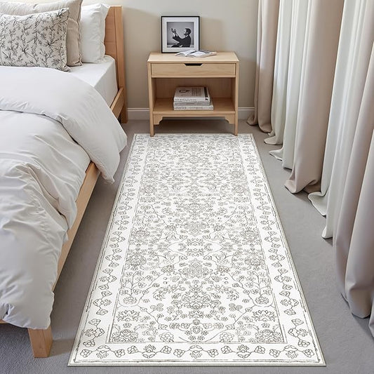 Floral Runner Rug 2x6 Hallway Washable Taupe Kitchen Carpet Non Slip Boho Thin Farmhouse Throw Accent Long Rug for Laundry Bathroom Office Bedroom