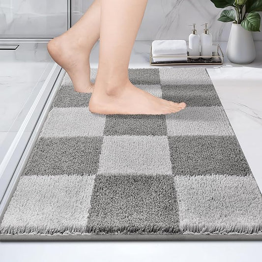 PURRUGS Bathroom Rug Non-Slip Machine Washable 20" x 30", Super Absorbent and Quick-Dry Bath Mat, Extra Soft and Plush Bath Rug for Shower, Bathtub and Sink, Light Grey & Grey
