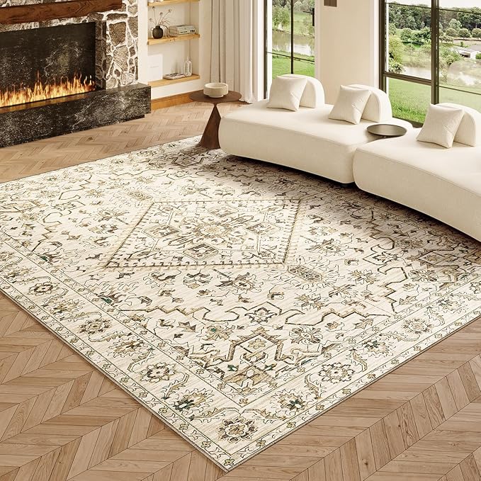 VK VK·LIVING 8x10 Area Rug Washable Rugs for Living Room Rug Vintage Design Boho Rug with Non Slip Living Room Rug Bedroom Carpet Stain Resistant, Home Decor, Beige