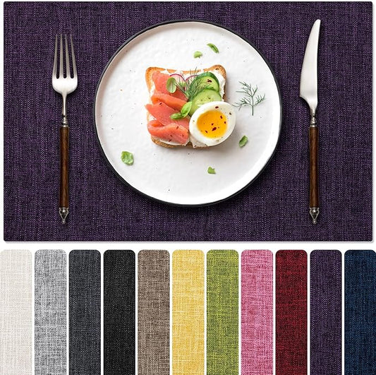 Placemats Set of 4, Dual-Layered Thickened Faux Linen Cloth Place Mats Heat Resistant Machine Washable Wrinkle Free Table Mats Indoor/Outdoor (Purple)