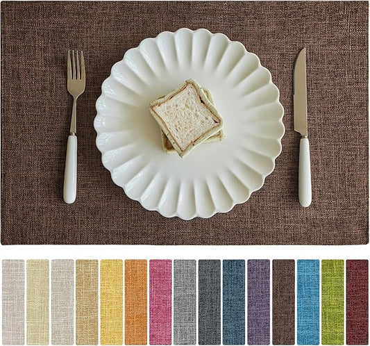 Softalker Faux Linen Placemats Set of 4-12 x 18 Inch, Heat Resistant Double Layered Durable Burlap Farmhouse Place Mats, Non-Slip Washable Rustic Table Mats for Dining, Kitchen, Party（Dark Brown