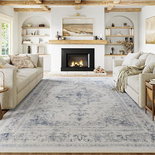 Washable Rug 9x12 Area Rug for Living Room Blue Vintage Boho Medallion Large Distressed Retro Carpet Non Slip Indoor Low Pile Small Soft Bedroom Dining Room Home Office