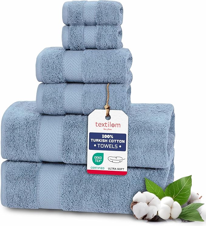 TEXTILOM 6 Pcs Bath Towel Set – Hotel and Spa Quality & Soft & Absorbent & Quick Dry BathTowels for Bathroom –100% Turkish Cotton Bathroom Towels Set (2 Bath Towels,2 Hand Towels,2 Washcloths)-Blue