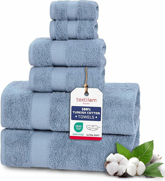 TEXTILOM 6 Pcs Bath Towel Set – Hotel and Spa Quality & Soft & Absorbent & Quick Dry BathTowels for Bathroom –100% Turkish Cotton Bathroom Towels Set (2 Bath Towels,2 Hand Towels,2 Washcloths)-Blue