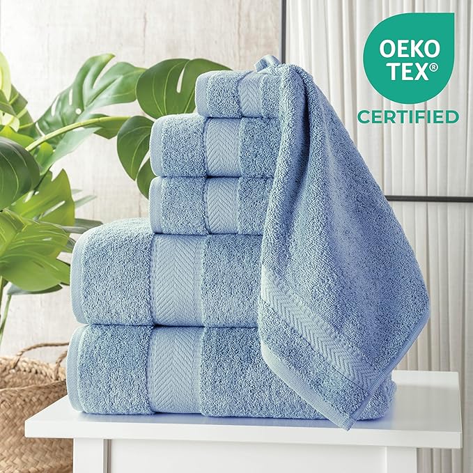 TEXTILOM 6 Pcs Bath Towel Set – Hotel and Spa Quality & Soft & Absorbent & Quick Dry BathTowels for Bathroom –100% Turkish Cotton Bathroom Towels Set (2 Bath Towels,2 Hand Towels,2 Washcloths)-Blue