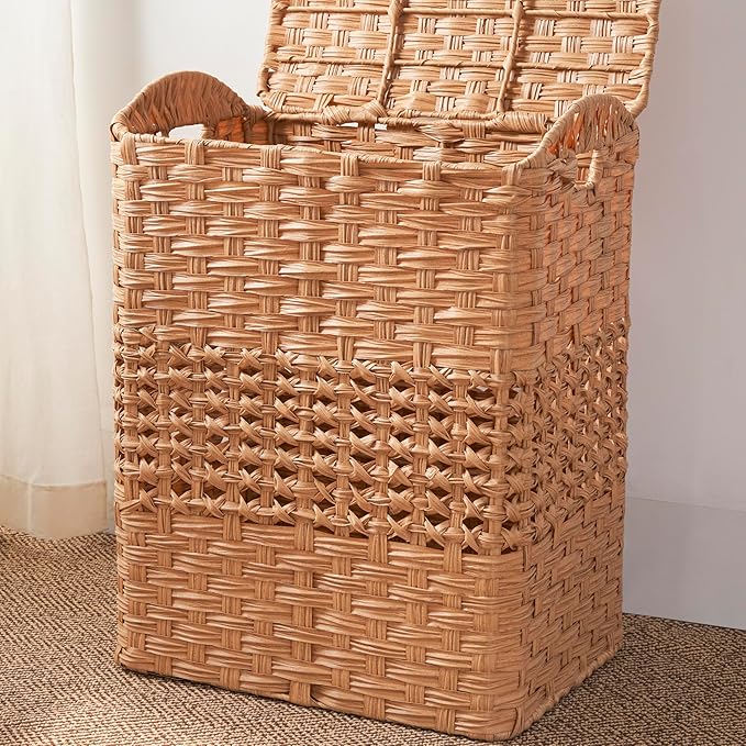 Apostle Rectangular Woven Laundry Hamper with Lid - Spacious Wicker Basket for Clothes Storage (Natural Brown, 18.5x14.6x24 in)