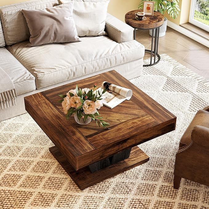 LITTLE TREE Square Coffee Table, Modern Rustic Coffee Table for Living Room, Wooden Table with Adjustable Feet, Brown