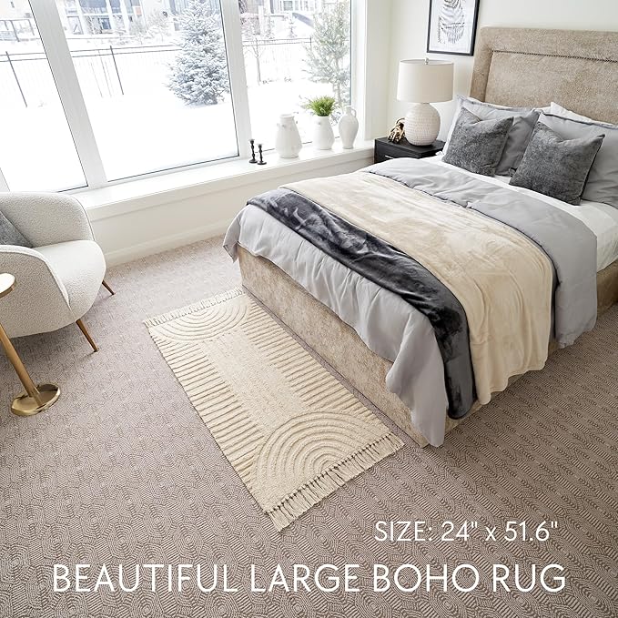 KIBAGA Boho Bathroom Rug with Tassels - Soft, Washable, Non-Slip Cotton Mat - Perfect 2x4.3 ft. Size to Enhance Modern Home Decor