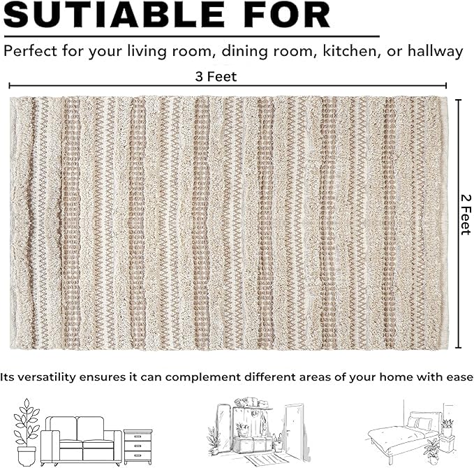 Cotton Rugs for Living Room 24x36 inches, Farmhouse Cotton Area Rug for Bedroom, Washable Tufted Indoor Floor Carpet for Kitchen Dorm Office Dining Room Office Home Decor, Off White Natural