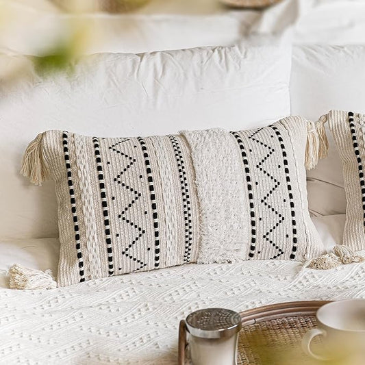 Decorative Lumbar Throw Pillow Cover 12x20 Rectangular Boho Accent Pillowcase Black Neutral White Farmhouse Cushion for Couch Sofa Bedroom Living Home Décor (Cover ONLY, Pack of 1)