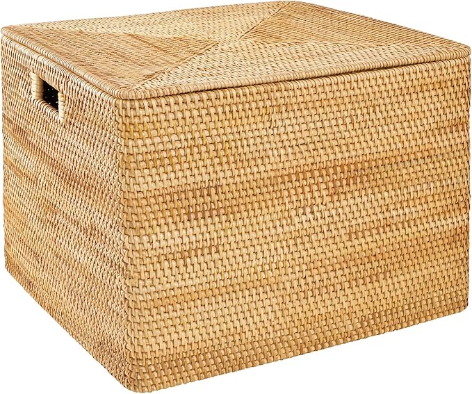 Rattan Basket With Lid,Large Storage Basket Lidded,Rattan Box For Shelf (16" L×13"W×12"H)
