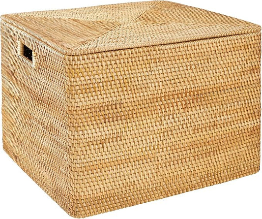 Rattan Basket With Lid,Large Storage Basket Lidded,Rattan Box For Shelf (16" L×13"W×12"H)