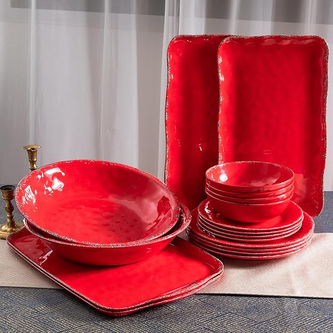 12 Piece Farmhouse Melamine Dinnerware Sets, Service For 4 Rustic Crackled Plates and Bowls Sets, Melamine Dishes Set for Christmas,Wedding, Set of 4 Camping Dishes, Red