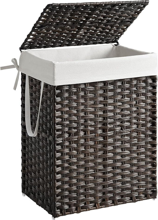 SONGMICS Laundry Hamper with Lid, 23.8 Gallon (90 L) Synthetic Rattan Clothes Laundry Basket with Lid and Handles, Foldable, Removable Liner, Chestnut Brown ULCB051K02
