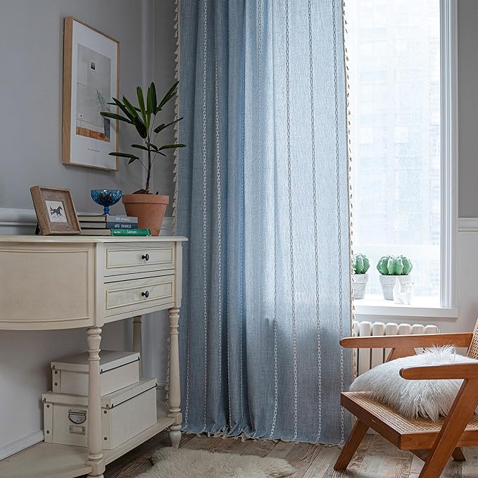 Sutuo Home Boho Curtains for Bedroom 63 Inch Length, Light Filtering French Country Farmhouse Vintage Shabby Chic Tassels Window Treatment Bohemian Drape, 1 Panel 52" W x 63" L, Blue