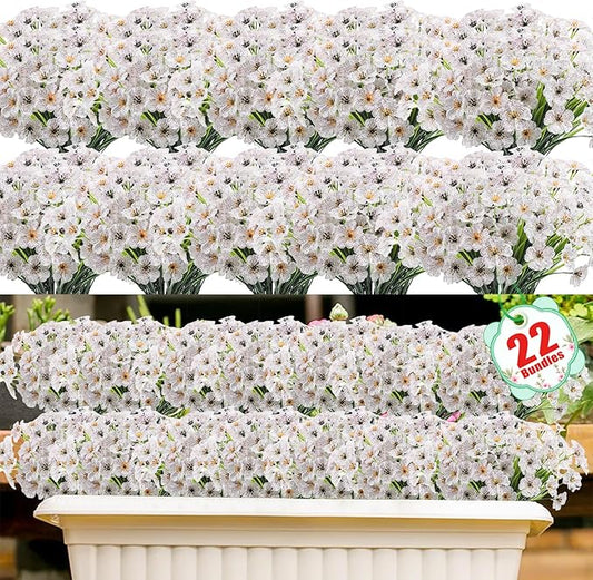22 Bundles Artificial Flowers Outdoor, Faux Flowers UV Resistant with Plastic Plants, Faux Silk Flowers for Outdoors Outside Front Porch Hanging Planter Window Box Garden Decoration(White)