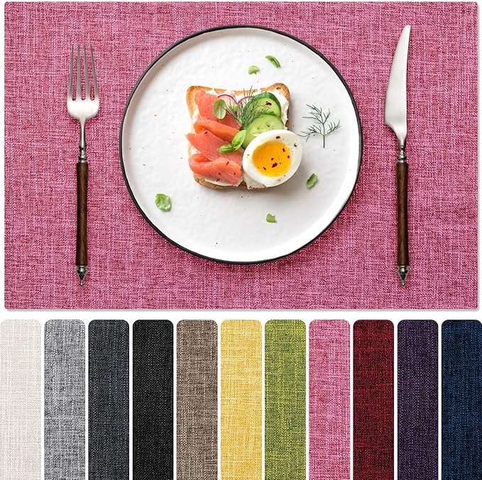 Placemats Set of 4, Dual-Layered Thickened Faux Linen Cloth Place Mats Heat Resistant Machine Washable Wrinkle Free Table Mats Indoor/Outdoor (Hot Pink)