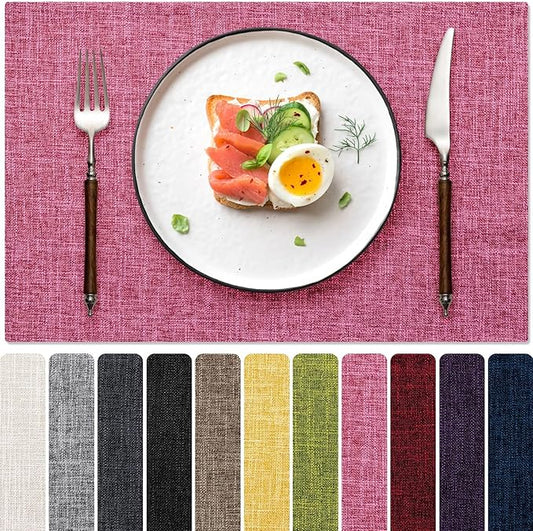 Placemats Set of 4, Dual-Layered Thickened Faux Linen Cloth Place Mats Heat Resistant Machine Washable Wrinkle Free Table Mats Indoor/Outdoor (Hot Pink)