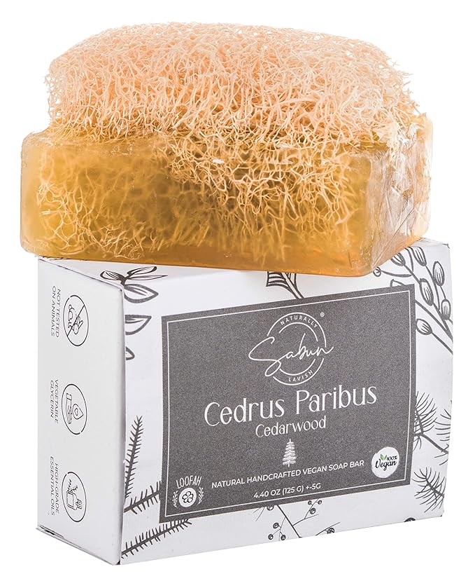 SABUN CO. Cedarwood Oil Loofah Soap - Natural, Handmade, Moisturizing, Exfoliating Luffa Soap for Men - Face & Body Scrub Bar - for Mustache & Beard Care [4.40 oz - 125 gr]