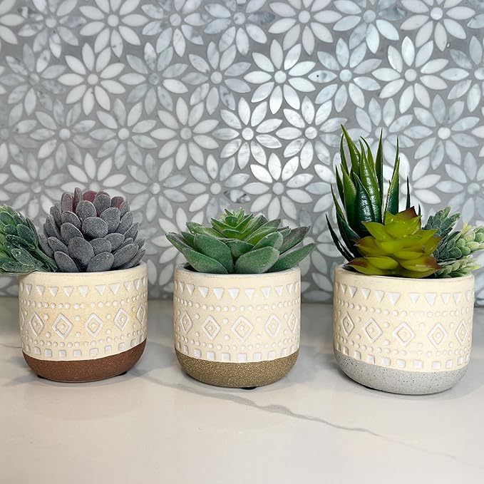 Admired By Nature Set of 3 Modern 3" Ceramic Flower Plant Planters, Ceramic Pot Planter Indoor Ceramic, Houseplant Cactus Ceramic Pot, Decorative Planter for Indoor Succulent Plant Home Décor, Tan