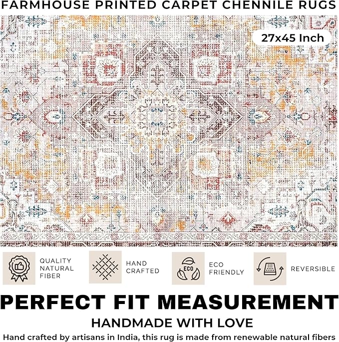 Feet Washable Soft Small Boho Area Rugs, Rags Rug, Printed Carpet Chennile Rugs for Living Room 27x45 inch Cream Brown Multi,Machine Washable Printed Rugs - 30% Cotton, 70% Polyester