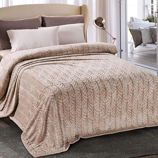 Whale Flotilla Flannel Fleece Twin Size Blanket for Bed, Soft Fluffy Velvet Bedspread Coverlet with Decorative Vintage Pattern for All Season, Warm and Lightweight, 90x66 Inch, Champagne