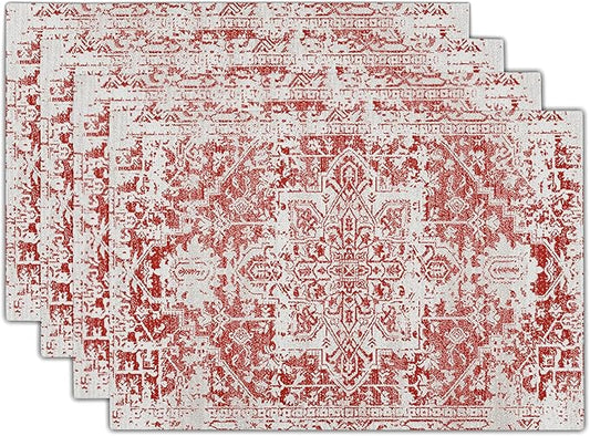 Gray Red Boho Placemats Set of 4 Ethnic Bohemian Carpet Place Mats Washable Kitchen Dining Vintage Grey Geography Floral Linen Table Mats Stain Heat-Resistant Cloth Tabel for Home Party 12x18 in