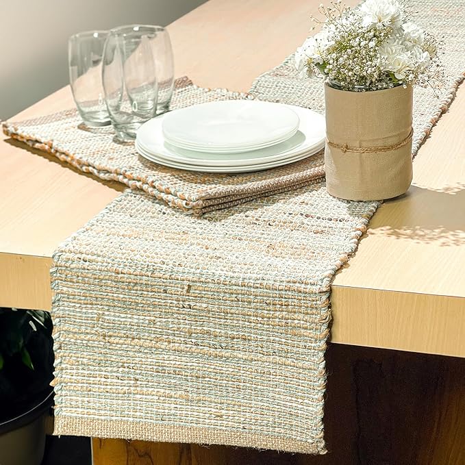 Chardin Home Natural Jute Table Runner 13x90 Inch – Vintage Boho Rustic Table Decor – Handwoven Jute Table Runner in Natural and Sage Green – Farmhouse Dining or Console Table Accent