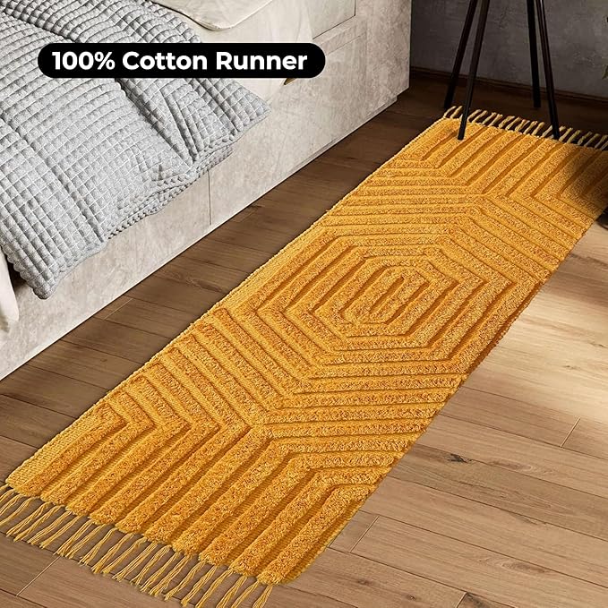 Boho Runner Rug 2x6' Washable Kitchen Rugs with Tassels Indoor Farmhouse Rugs for Bedroom Aesthetic Tufted Rug for Laundry Room Doorway Living Room_Mustard
